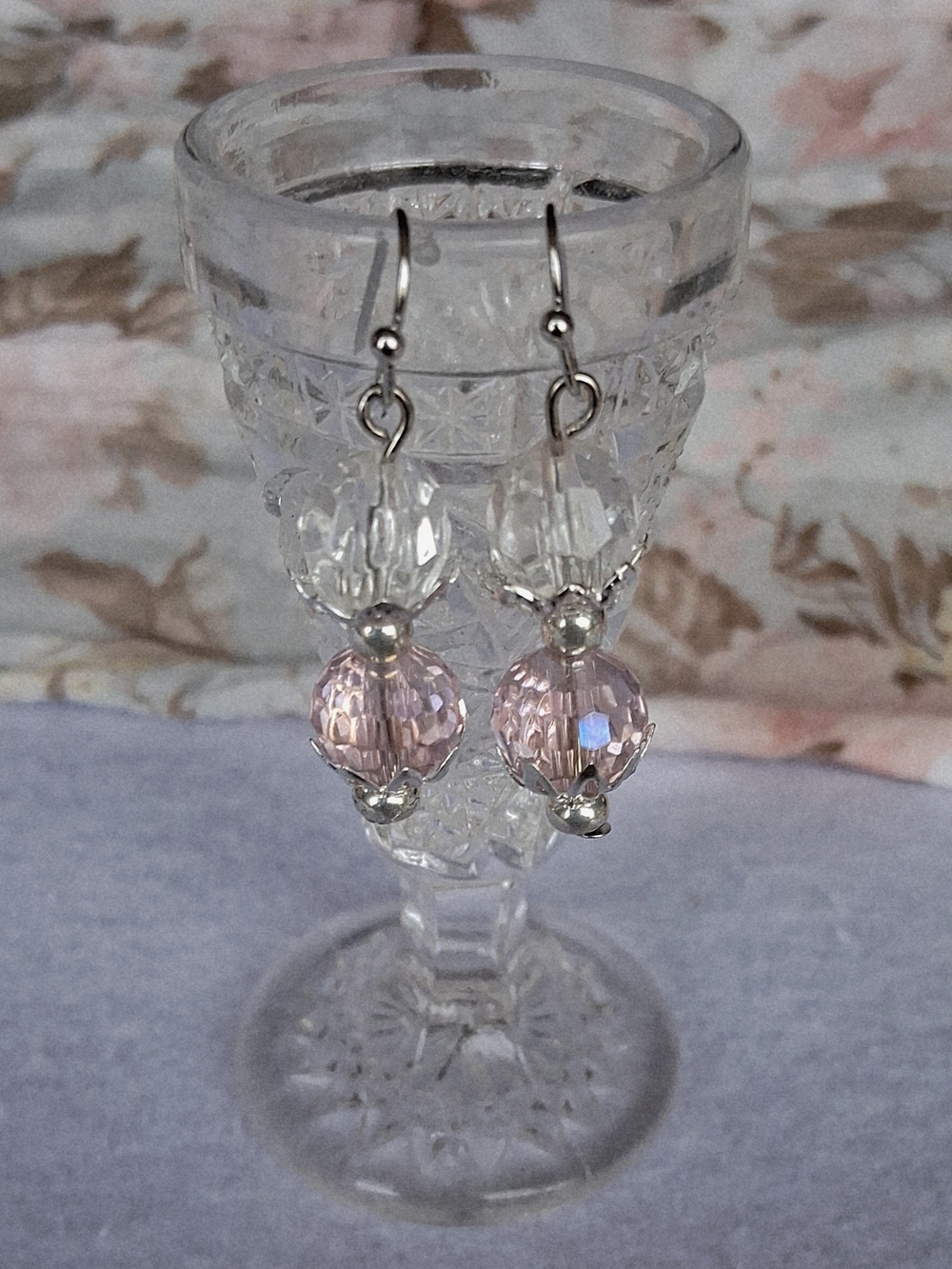 Light Pink Crystal Drop Pierced Earrings - Drop Silver Tone